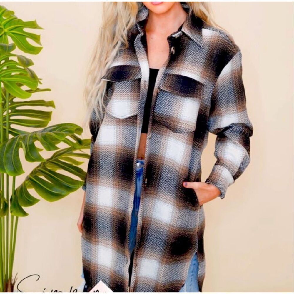 Sweet Lovely Women’s Wool Blend Brown Button Down Long Plaid Shacket Size L